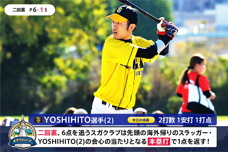 二回裏、6点を追うスガクラブは先頭の海外帰りのスラッガー・YOSHIHITO(2)の会心の当たりとなる 本塁打 で1点を返す！